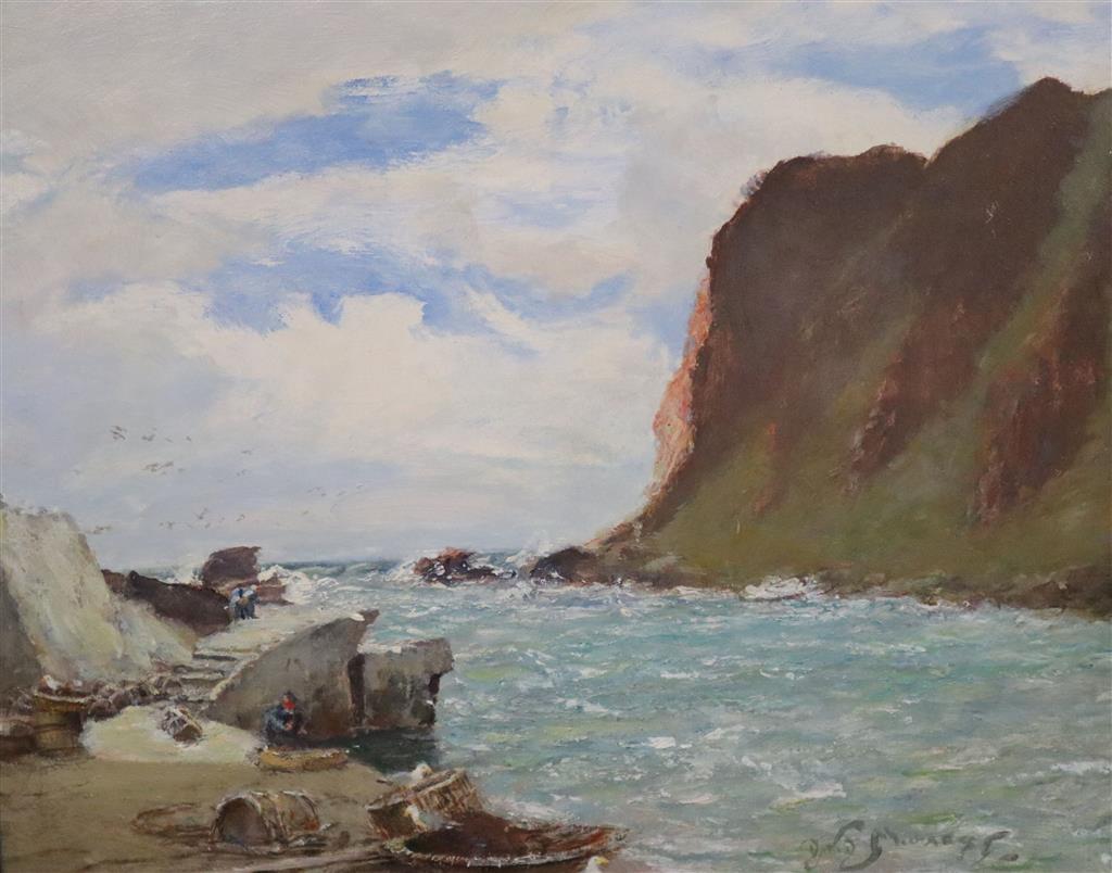 Sir David Murray R. A. (1849-1933), oil on board, Coastal scene with a stone jetty, etc.